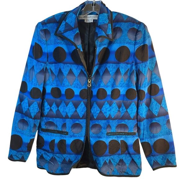 Anne Crimmins UMI Collections Ladies Blazer 4 Blue Black 100% Silk Print Jacket - Picture 1 of 10